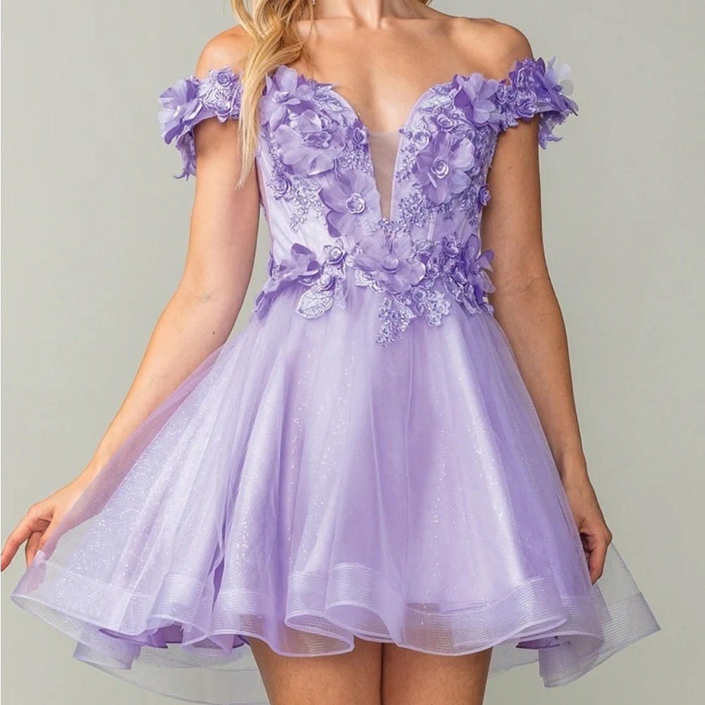 Off-the-Shoulder Short Babydoll Hoco Dress, Lilac, XS,